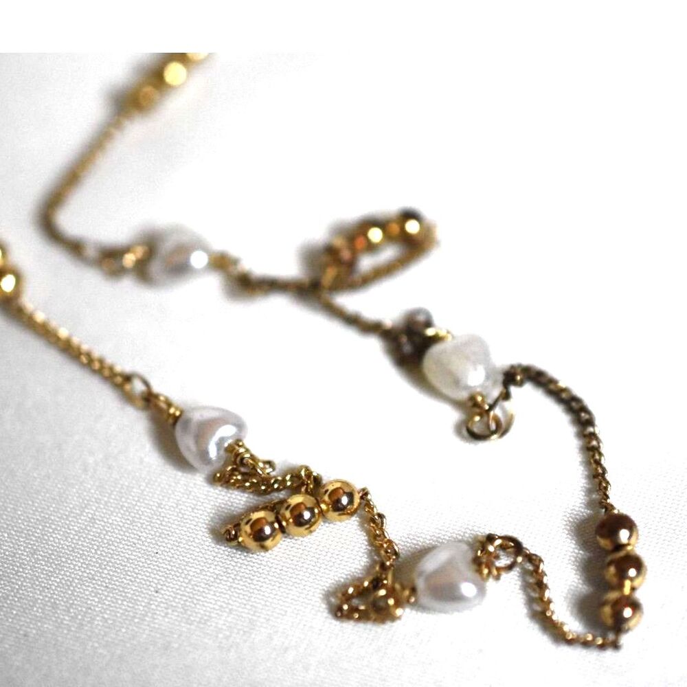 Vintage Small Faux Pearl Hearts Gold Tone Beads/Link Chain 16" Prom Necklace